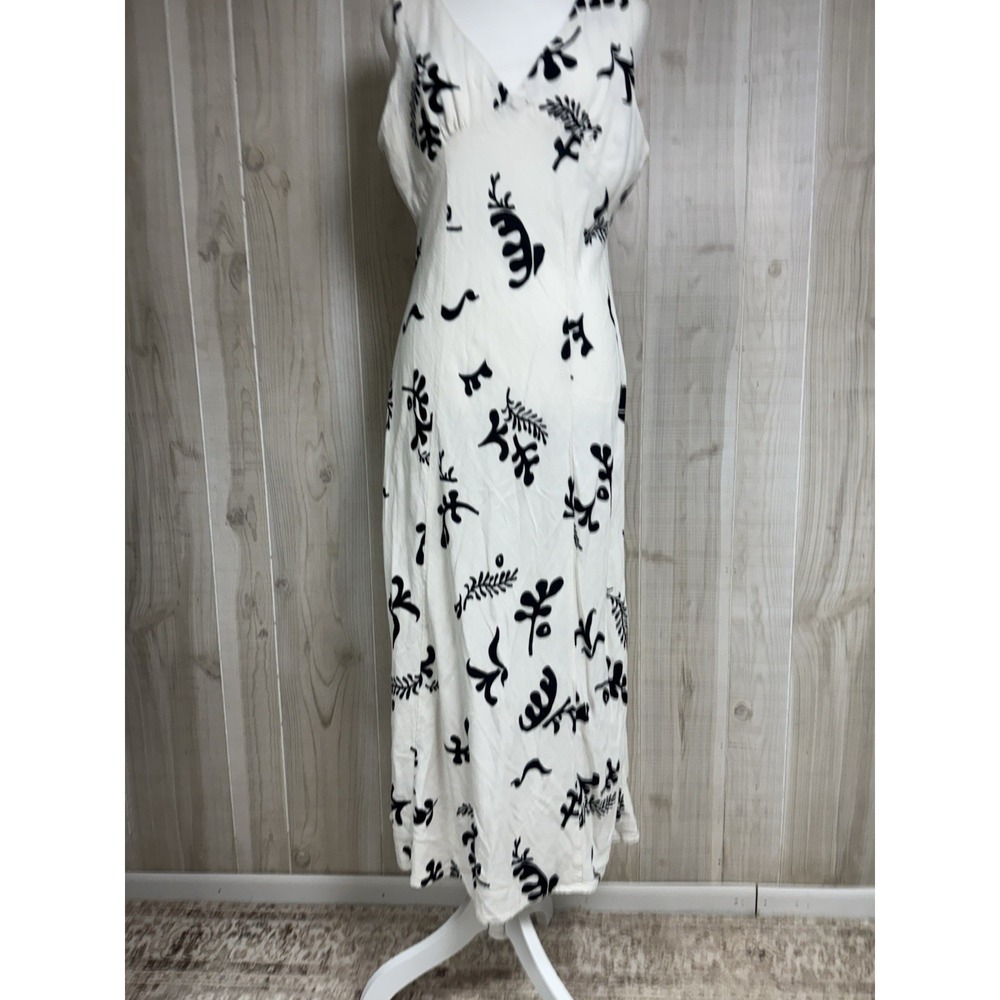 PAPER HEART Ivory Black Floral Sleeveless Linen Dress L Boho Coastal Flowy